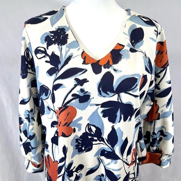 Boutique white blue and rust floral print midi shift dress size medium - Picture 2 of 6